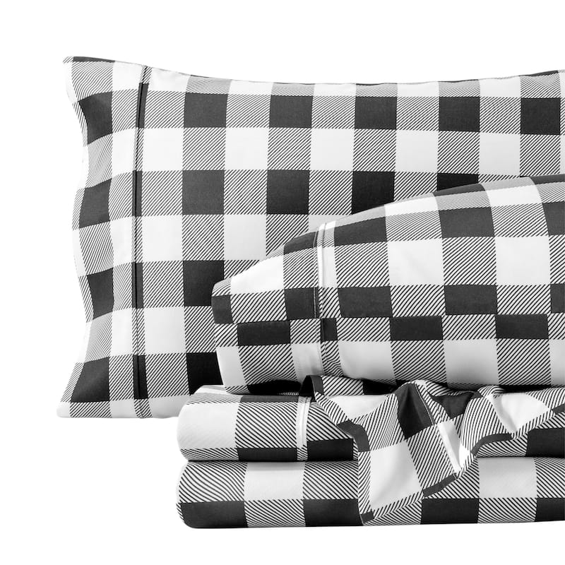 Bare Home Double Brushed Deep Pocket Printed Sheet Set - Full - Buffalo Plaid - White/Black