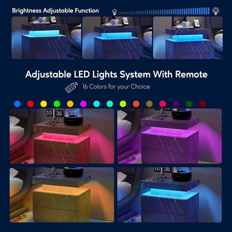 LED Nightstand with 2 Drawers for Bedroom