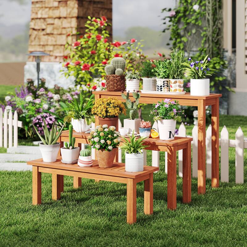 Gymax Wooden Plant Stand Set of 3 w/ Teak Oil Finish Slatted Top for