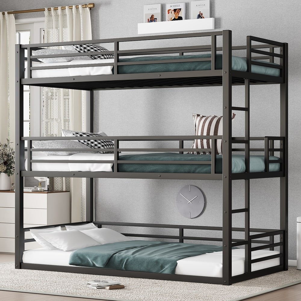 GDFStudio - Fillip Metal Triple Bunk Bed with Guardrails & Noise-Reduced Heavy-Duty Frame