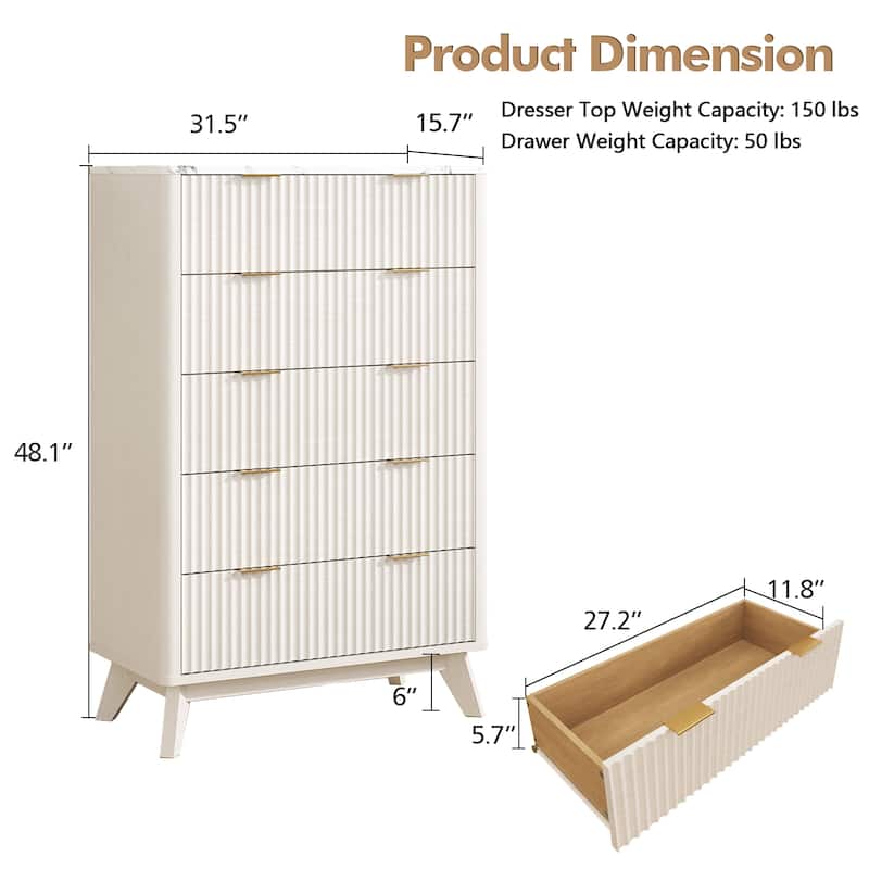 Modern 5 Chest of Drawers, Wood Dresser for Bedroom, Living Room