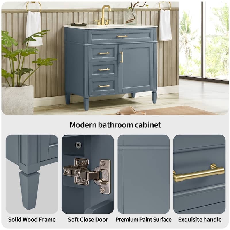 Modern 36" Freestanding Bathroom Vanity Cabinet Wood Frame with Ceramic Sink and Divided Drawers