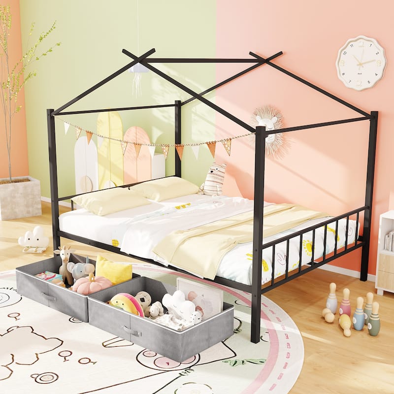 Gymax Full Size Metal House Bed w/ 2 Fabric Drawers Heavy-Duty