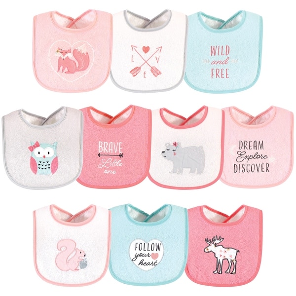 slide 1 of 1, Hudson Baby Infant Girl Cotton Terry Drooler Bibs with Fiber Filling, Girl Woodland, One Size - Girl Woodland - One Size One Size - Girl Woodland