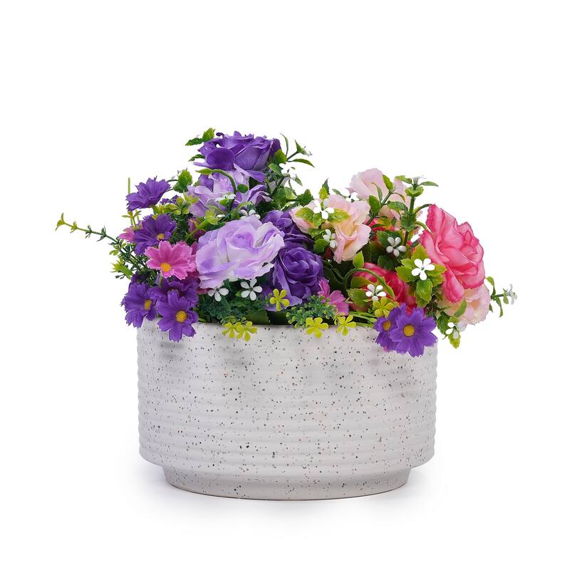 Handmade Ceramic Planter Set of 2, 11" & 8" Diameter, White with Vertical Ridges