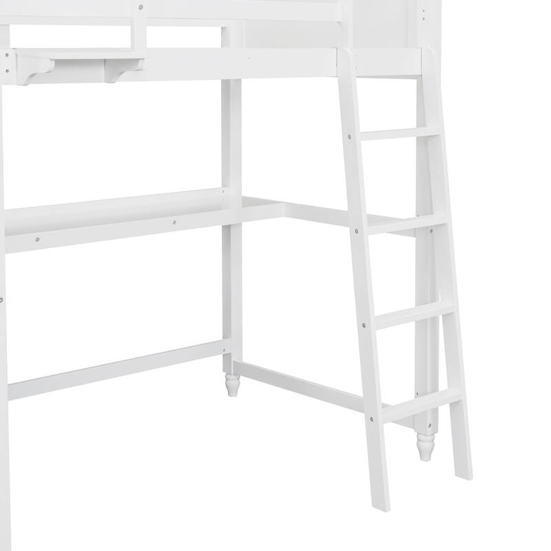 White Twin Loft Bed with Desk, Drawers & Shelves - Space Saving Study & Sleep Solution