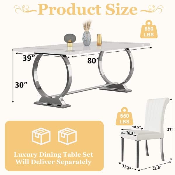dimension image slide 10 of 11, 65 inch Faux Marble Dining Table Set with Boucle Dining Chairs