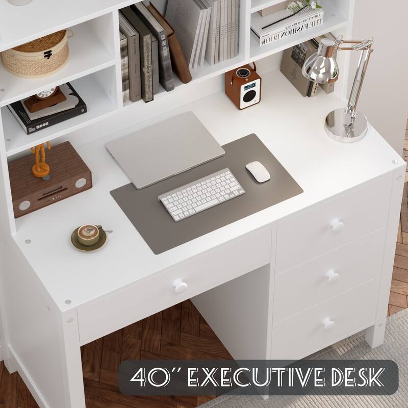 40" Home Executive Desk and Chair Set with 4 Drawers, Retro Computer Desk Office Table Study Desk with Storage Bookshelf
