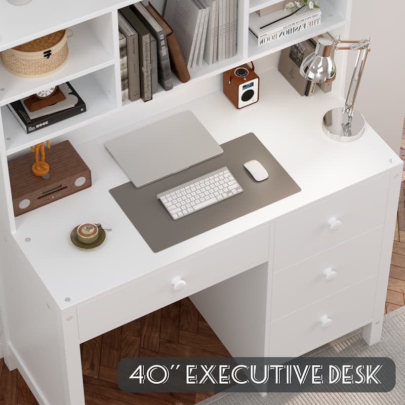 40"Home Executive Desk and Upholstered Chair Set with Bookshelf, Computer Desk with Four Drawers, Storage Shelf, and Chair