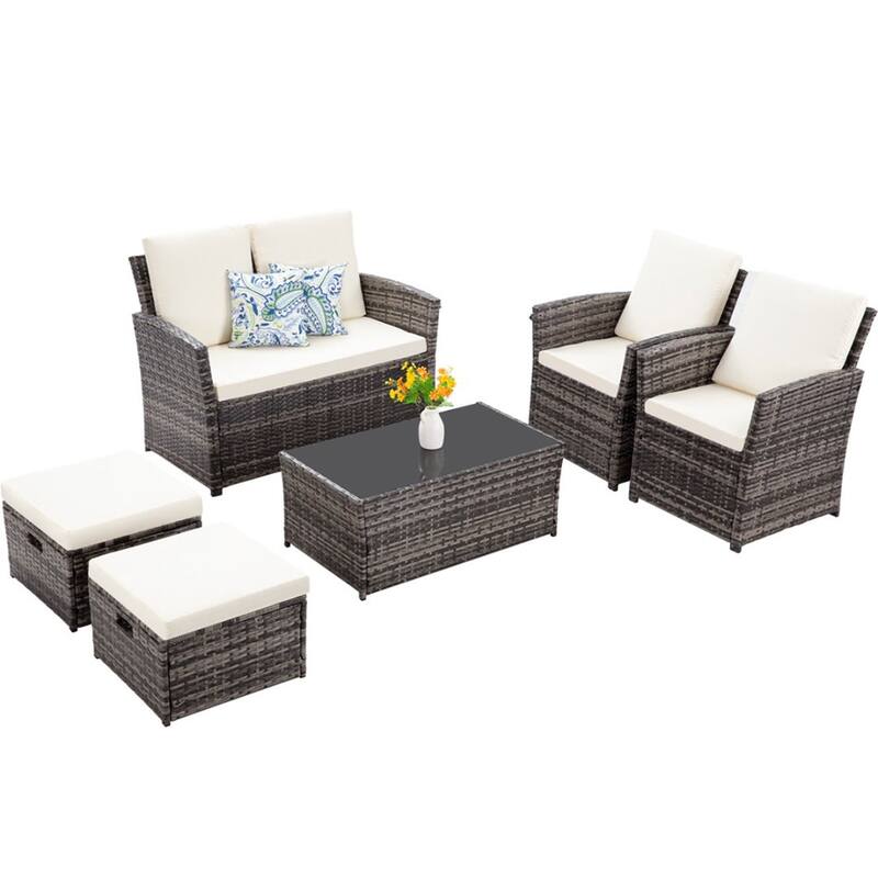 6pcs Wicker Patio Conversation Set Seating Loveseat Sofa with Ottomans