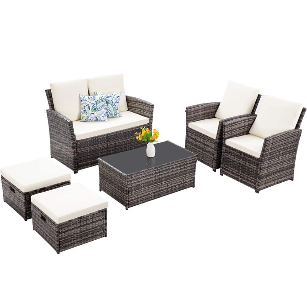 6pcs Wicker Patio Conversation Set Seating Loveseat Sofa with Ottomans