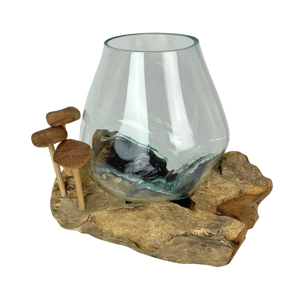 Handcrafted Glass And Teak Vase With Wood Mushroom Embellishments,