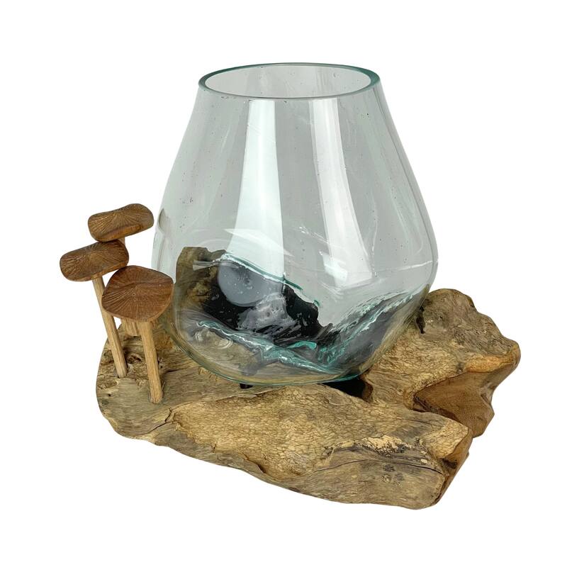 Handcrafted Glass And Teak Vase With Wood Mushroom Embellishments,
