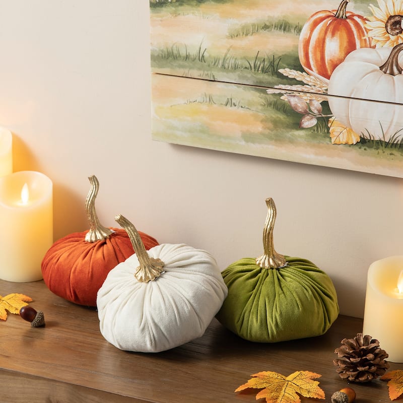 Glitzhome Set of 3 Fall Harvest Velvet Pumpkins with Realistic Stems Thanksgiving Centerpiece - Multi