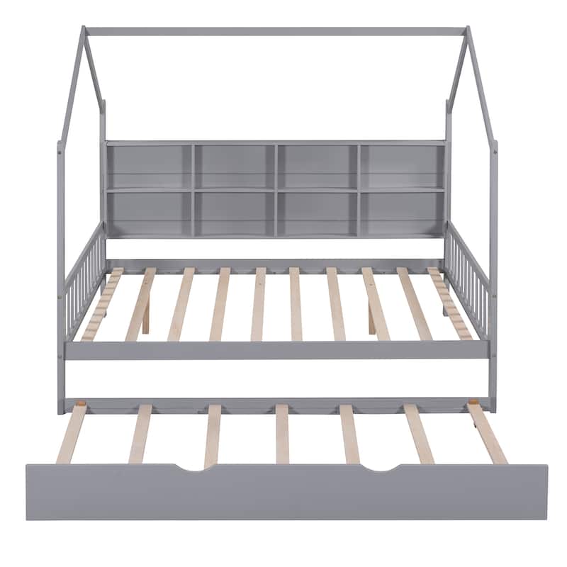 Full Pine Kids House Platform Bed with Trundle, Shelf, and Roof