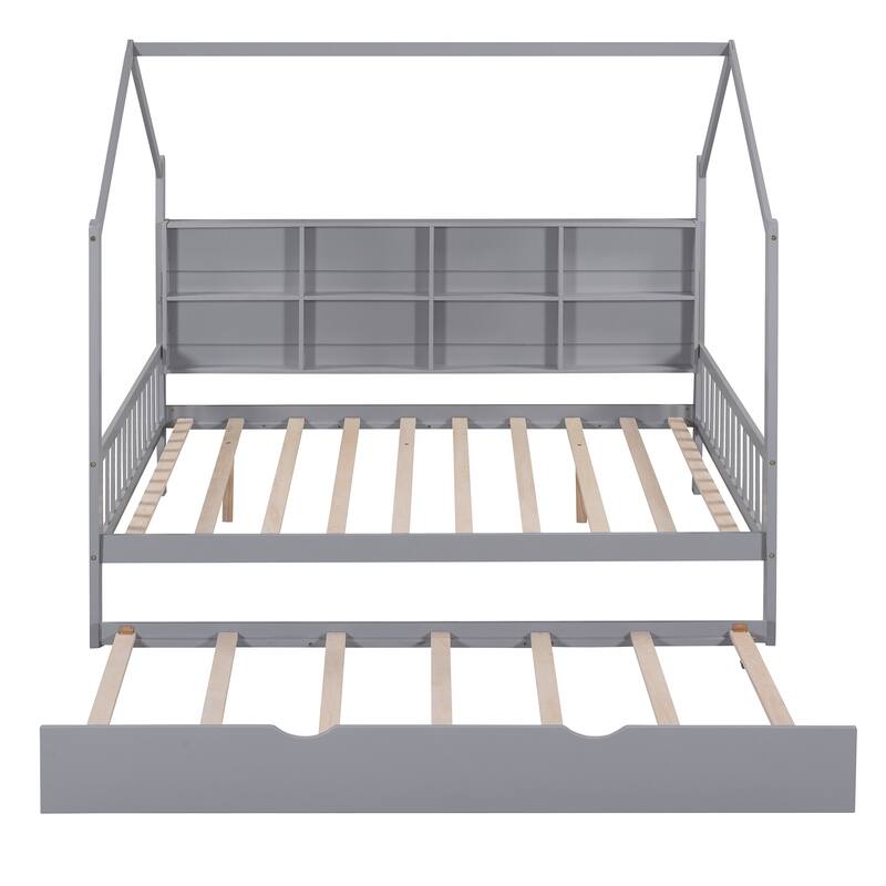 Pine Kids House Platform Bed with Trundle, Shelf, and Roof