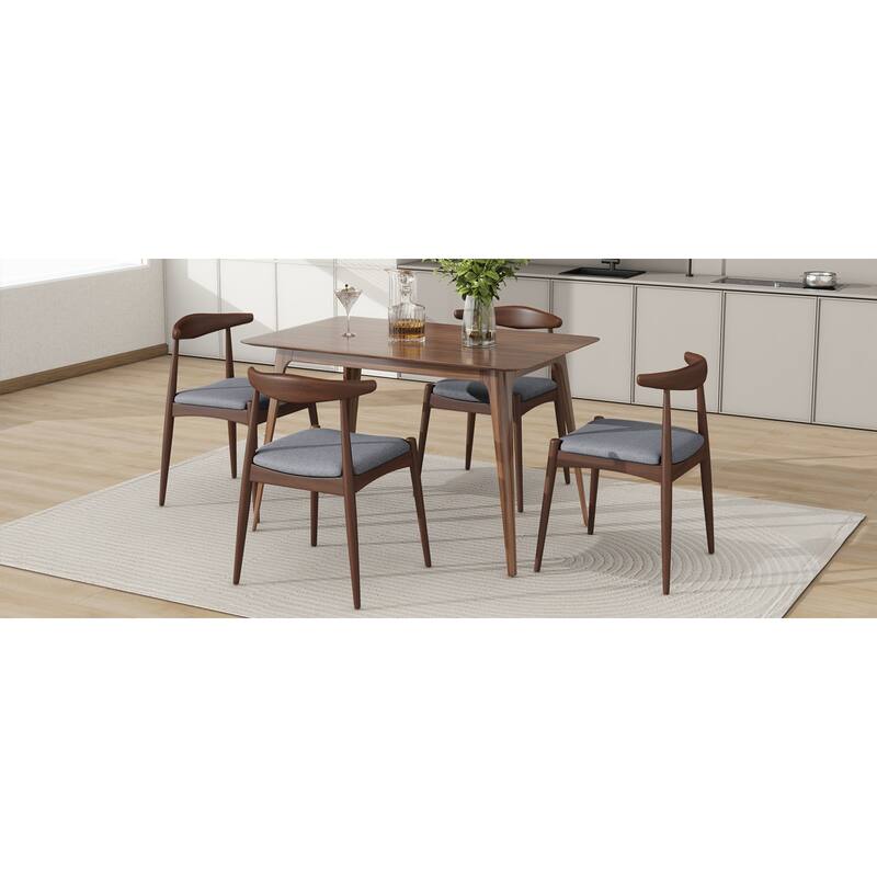 Roomfitters 5-Piece Mid-Century Dining Set, 47" Walnut Table with 4 Ergonomic Upholstered Chairs