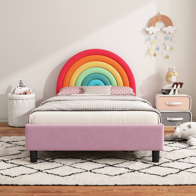 Rainbow Design Cute Style Upholstered Twin Size Platform Bed
