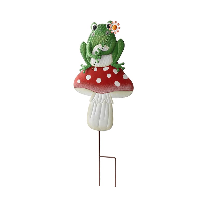 Glitzhome Metal/Wood Frog Stacked Mushroom Welcome Sign Yard Stakes Garden Wall Decor