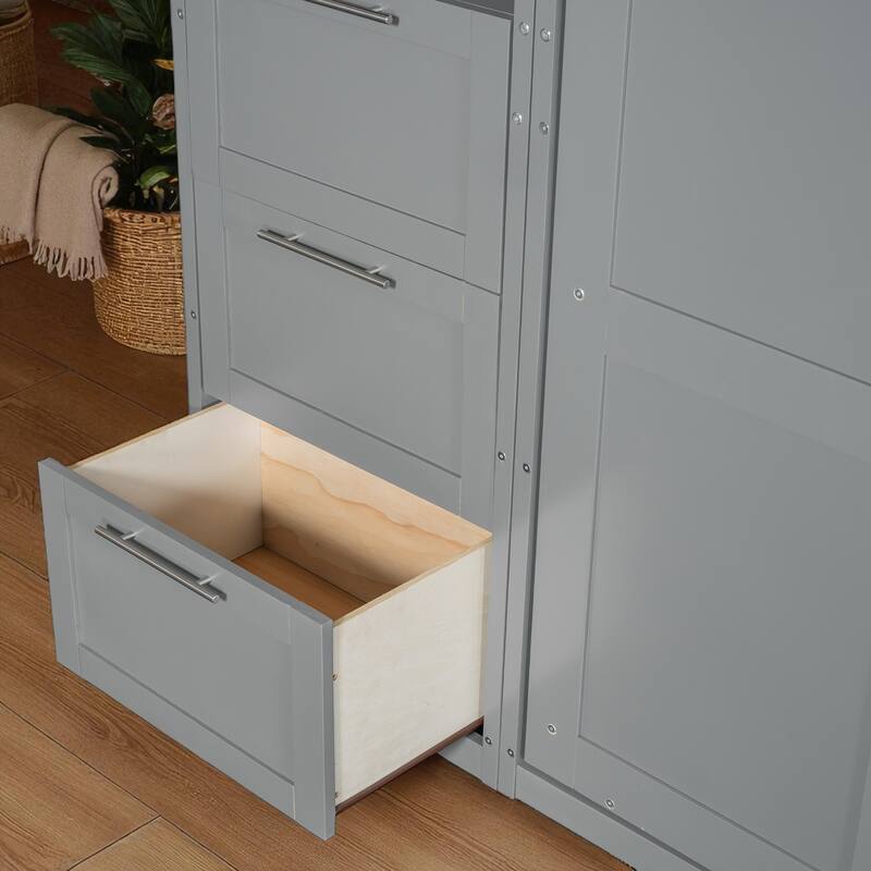 Queen Size Murphy Bed with Closet, Drawers and Shelves - Space Saving Wall Bed with Storage Cabinets