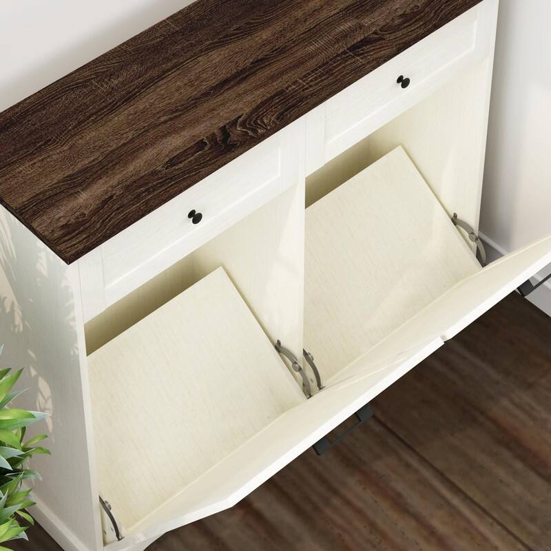 20 Gallon Double Tilt-Out Trash Can Cabinet, Freestanding Wooden Garbage & Recycling Bin with Hideaway Drawer