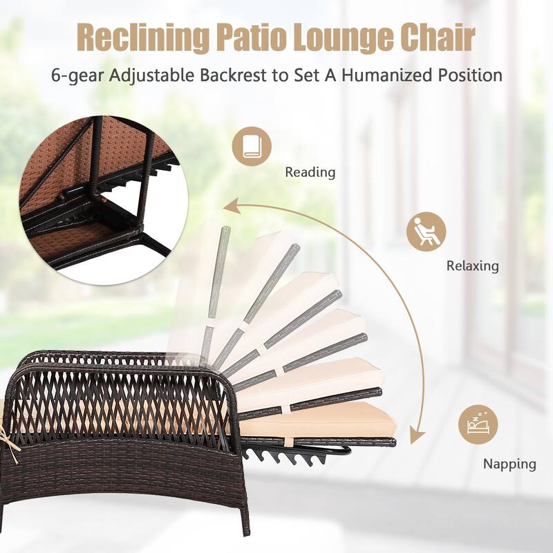 Gymax PE Rattan Chaise Lounge Chair Armrest Recliner Adjustable Pillow
