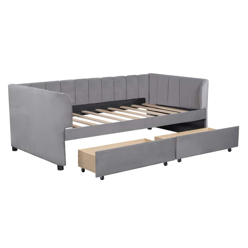 Velvet Upholstered Daybed with Stripe Shaped Backrest & 2 Armrests, Wood Panel Bed Frame with 2 Drawers or Trundle Bed