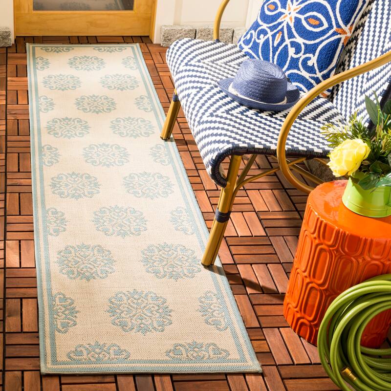 SAFAVIEH Beach House Indoor/ Outdoor Waterproof Patio Backyard Rug - 2'2" x 10' Runner - Cream/Aqua