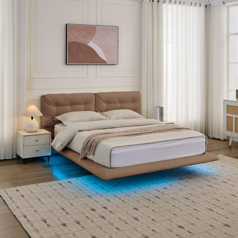 Queen Size Upholstered Floating Platform Bed Frame with LED Lights with Button-tufted Headboard