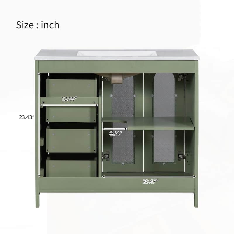 bathroom vanity with two soft close doors and adjustable shelves