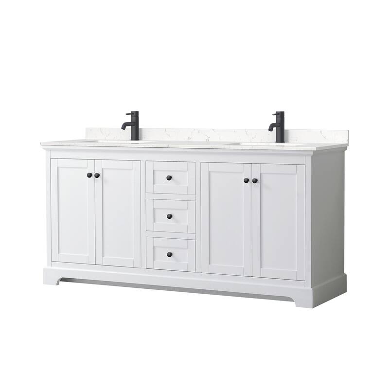 Wyndham Collection Avery 72" Free Standing Double Basin Vanity Set - White / Carrara Cultured Marble Top / Matte Black