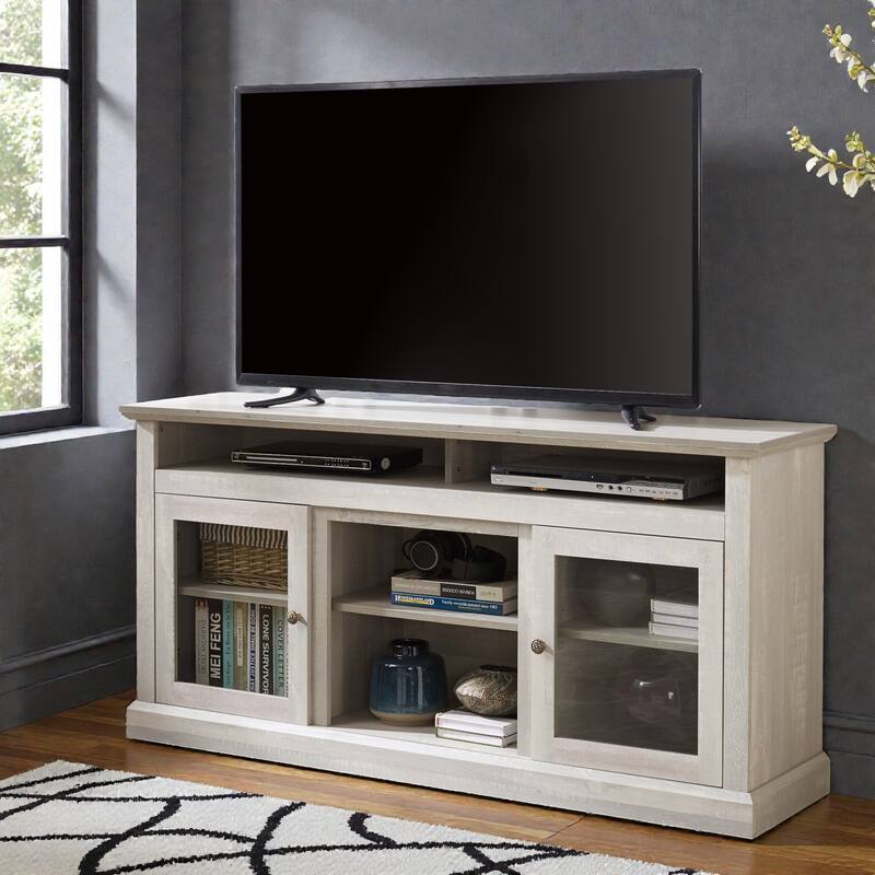 60" Modern Farmhouse TV Stand for 65 Inch TV, Media Console with Glass Doors and Storage for Living Room Entertainment Center