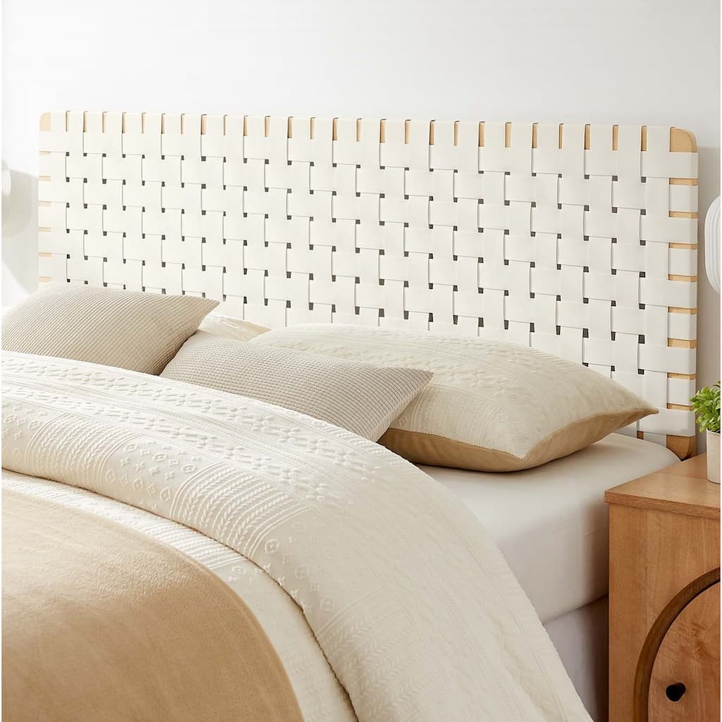 Ditmas Solid Wooden Off-White Leather Basket Weaved Queen Size Headboard
