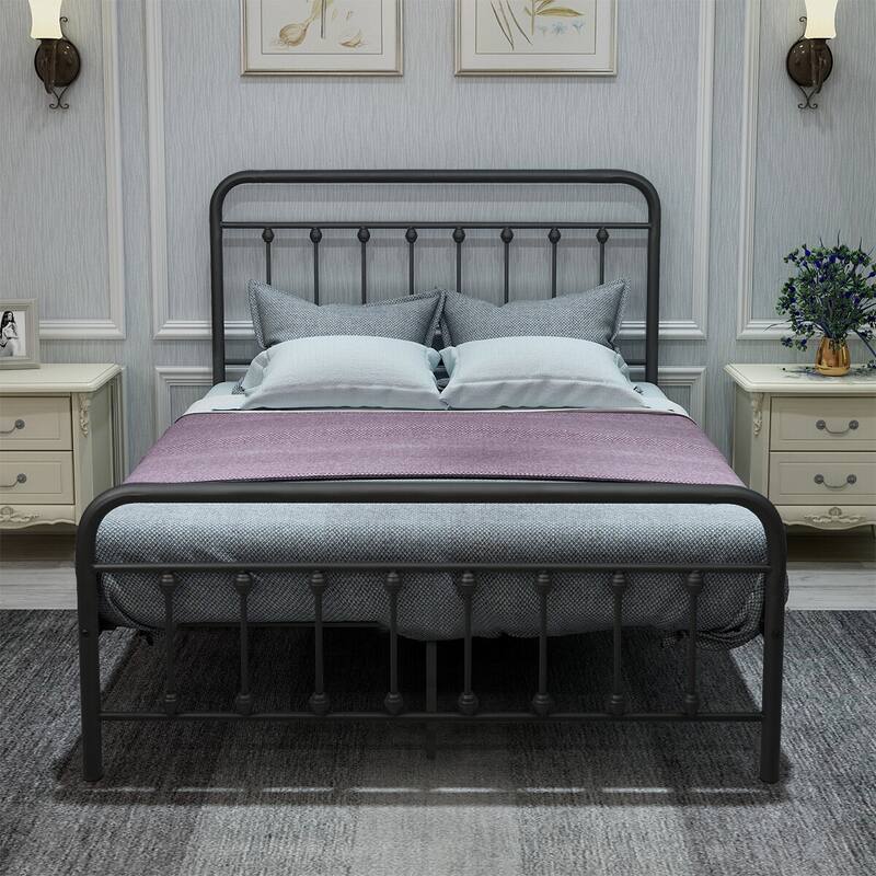 Full Metal Platform Bed Frame with Headboard - Black - Full