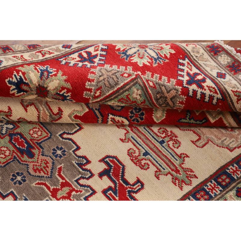 Kazak Oriental Area Rug Hand-Knotted Beige Geometric Wool Carpet - 5'1" x 6'7"