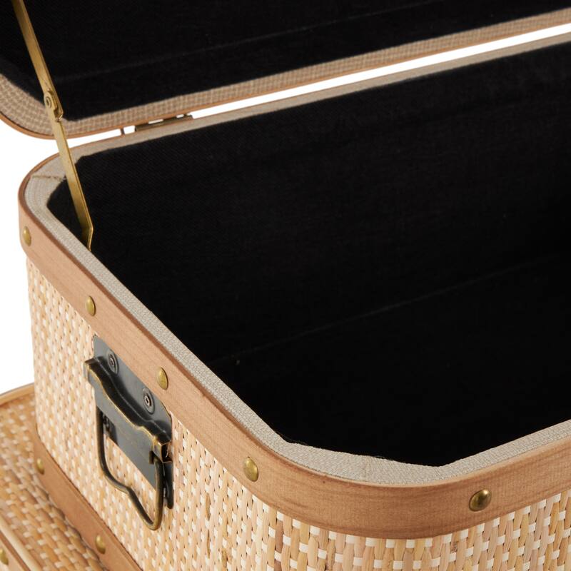 Rattan Woven Decorative Trunk with Brass Metal Latches and Brown Wooden Accents - Set of 3 Light Brown - Roche River Decor