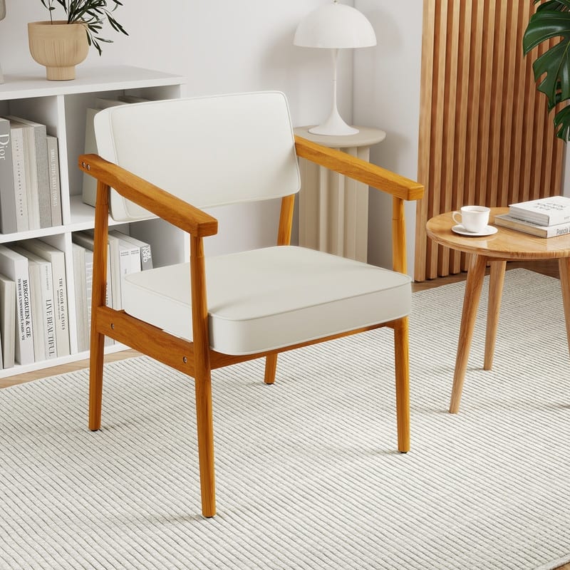 Walnut Faux Leather Upholstered Dining Chair Padded Armchair Solid Wood Open Back