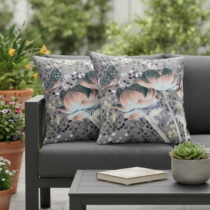 HomeRoots Set of Two 16" X 16" Gray and Pink Butterfly Blown Seam Floral Indoor Outdoor Throw Pillow - 16.00' X '16.00' X '5.00 - Pink/Gray - 16.00' X '16.00' X '5.00