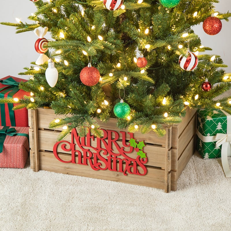 Glitzhome MERRY CHRISTMAS Solid Wood Crate Xmas Tree Collar