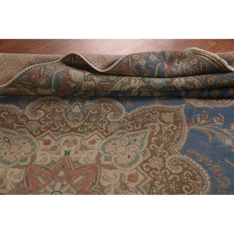 Blue Tabriz Persian Vintage Rug Hand-Knotted Traditional Wool Carpet - 10'0"x 13'2"