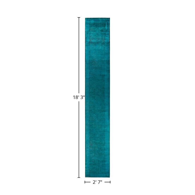 Overton Hand Knotted Wool Vintage Inspired Modern Contemporary Overdyed Blue Runner Rug - 2' 7" x 18' 3"