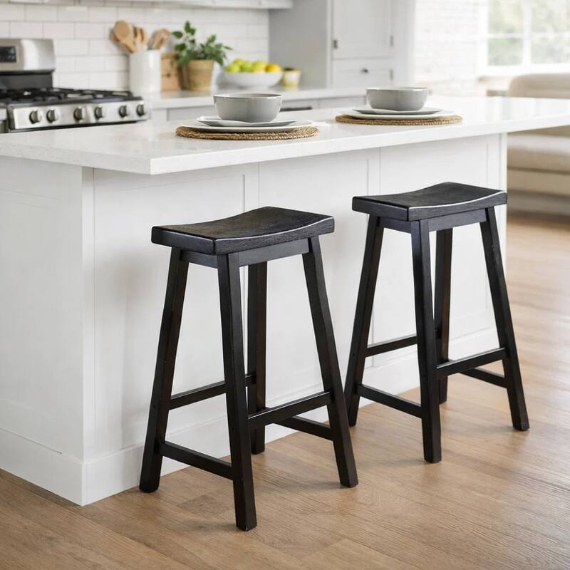 Wooden 29" Counter Height Stool with Saddle Seat, Black, Set Of 2 - Bar Height - Set of 2