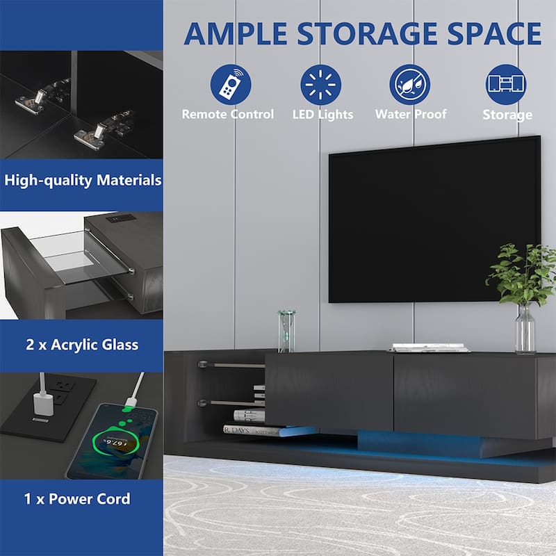 70"W Modern LED TV Stand, 2 Cabinets, 2 Glass Shelves, Outlet - 70.8"L x 14.96"W x 14.96"H