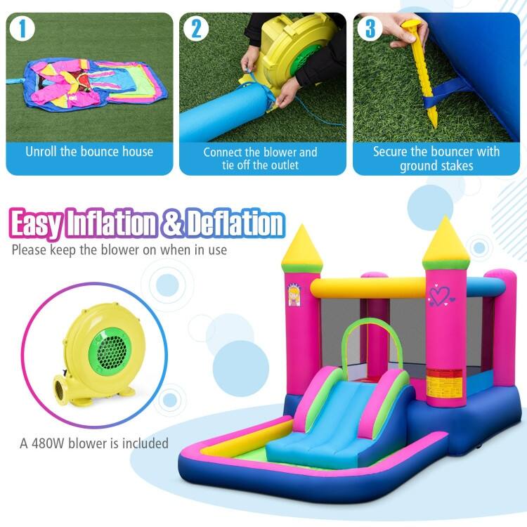 Princess-Themed Inflatable Bounce House for Kids 4-in-1 Bouncy Castle with Slide - 143" x 79.5" x 81"