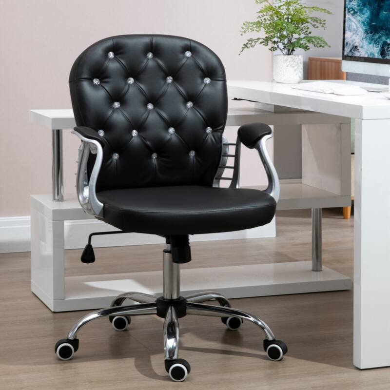 Vinsetto PU Leather Home Office Chair, Button Tufted Desk Chair with Padded Armrests, Adjustable Height and Swivel Wheels
