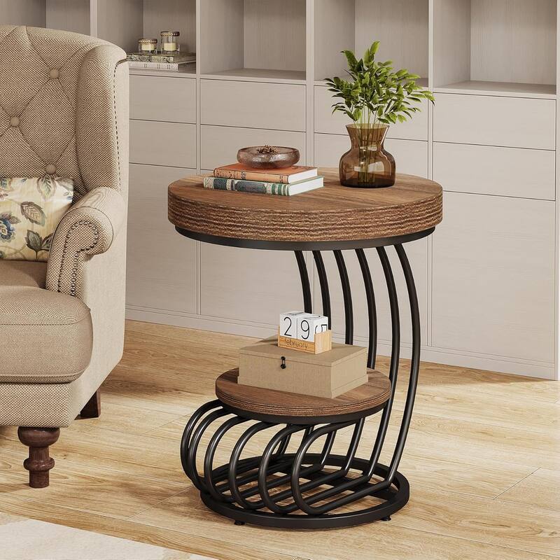 2 Tiers Round End Table with Shelf Storage, Arc-Shaped Side Sofa Table - Light Brown - 1 PCS