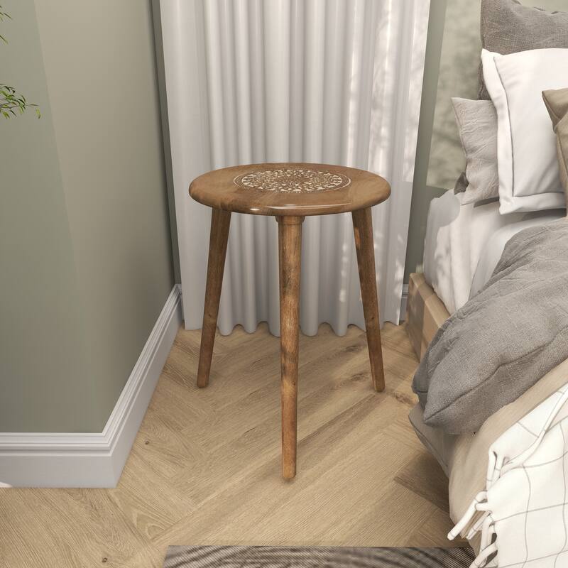 Mango Wood Handmade Intricately Carved Floral Accent Table with Tripod Legs - Dark Brown, White, Brown