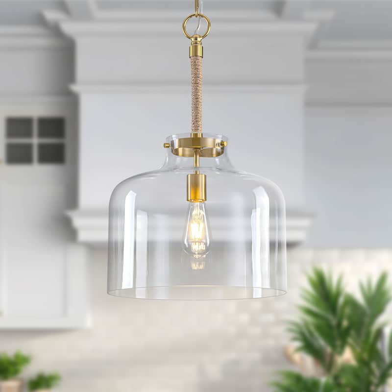 Starsky 1-Light Clear Glass Bell Jar / Cloche Pendant With Rope Accent - Gold