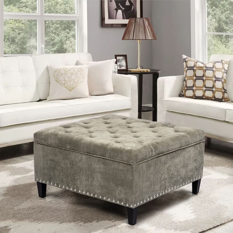 Adeco Large Square Footstool Fabric Storage Ottoman Bench Light Grey - Grey - Large