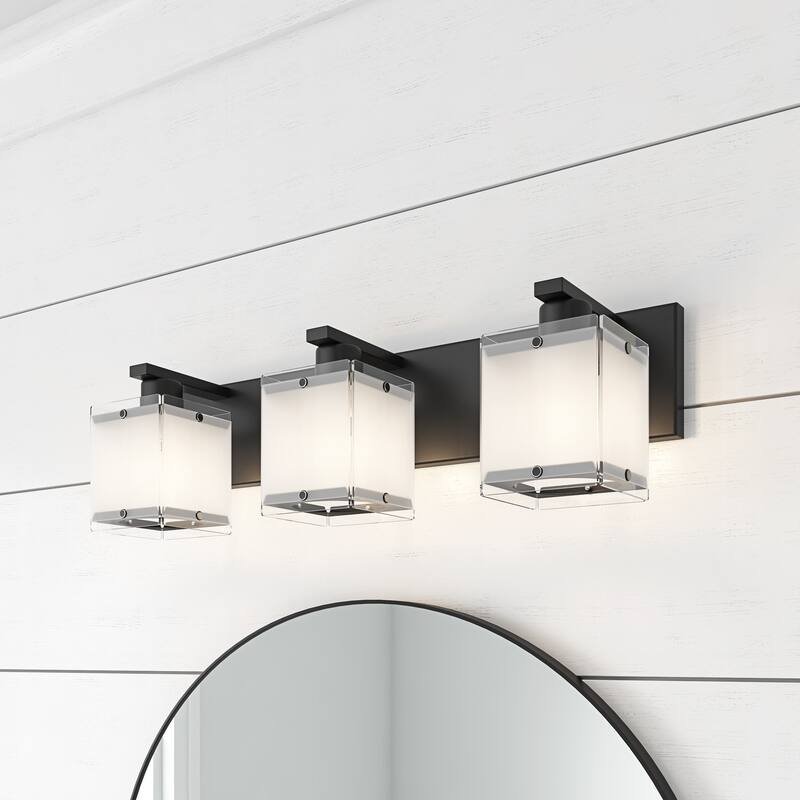 Matte Black 3-Light Bathroom Vanity Lighting with Rectangular Frosted Glass Shades